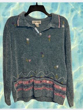 Alfred Blue Floral Embroidered V-Neck Sweater with Pink Trim